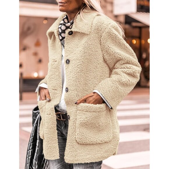 Women’s Beige Faux Fur Coat Long Sleeve Lapel Button Down Fleece Sherpa Jacket - Picture 8 of 8